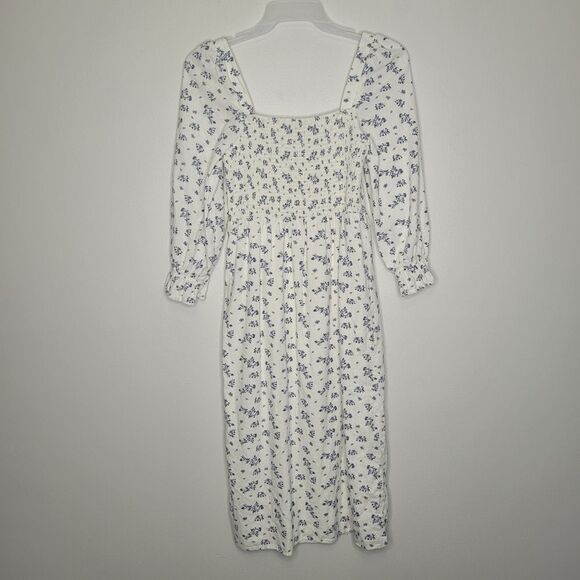 House Of Harlow 1960 Linen Smocked Floral  Blue White Midi Dress Medium - Picture 2 of 8
